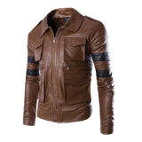 Men's Vintage Contrast Patchwork Lapel Multi-pocket Leather Jacket 16755981M