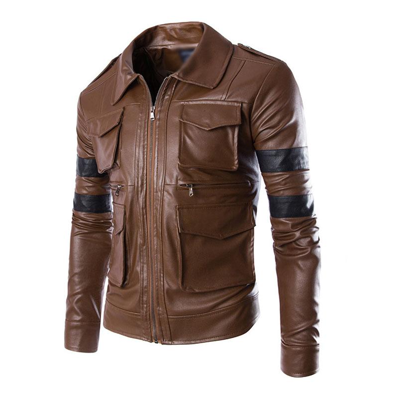 Men's Vintage Contrast Patchwork Lapel Multi-pocket Leather Jacket 16755981M