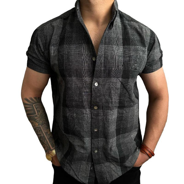 Men's Vintage Check Pocket Lapel Short Sleeve Shirt 40402185TO