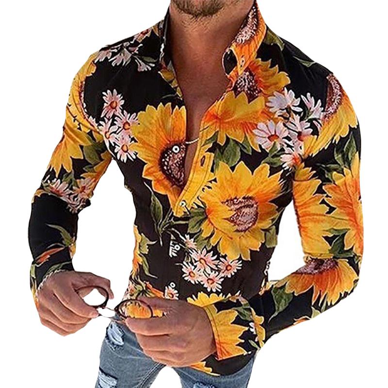 Men's Casual Sunflower Lapel Long Sleeve Shirt 73936003TO