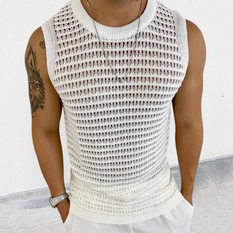 Men's Casual Round Neck Solid Color Slim Hollow Knit Tank Top 80825404M