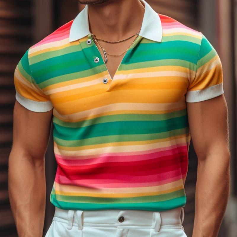 Men's Stripe Print Short Sleeve Lapel Polo Shirt 56376055X