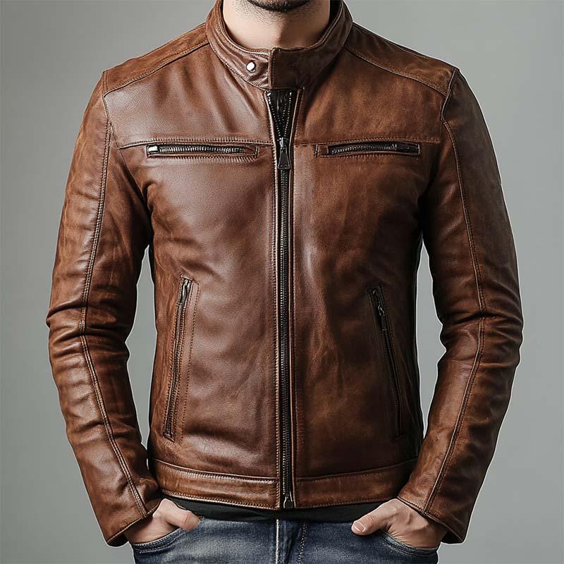 Men's Classic Vintage Slim Stand Collar Leather Jacket 39737727K