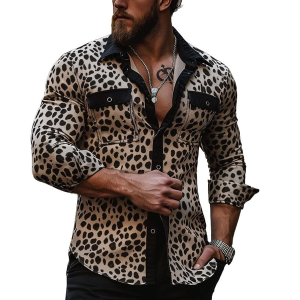 Men's Retro Leopard Color Block Lapel Flap Pockets Slim Fit Long Sleeve Shirt 86972380M
