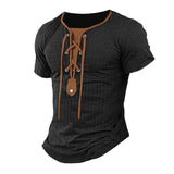 Men's Casual Contrast Color Lace-Up Collar Slim Fit Short Sleeve T-Shirt 46256305M