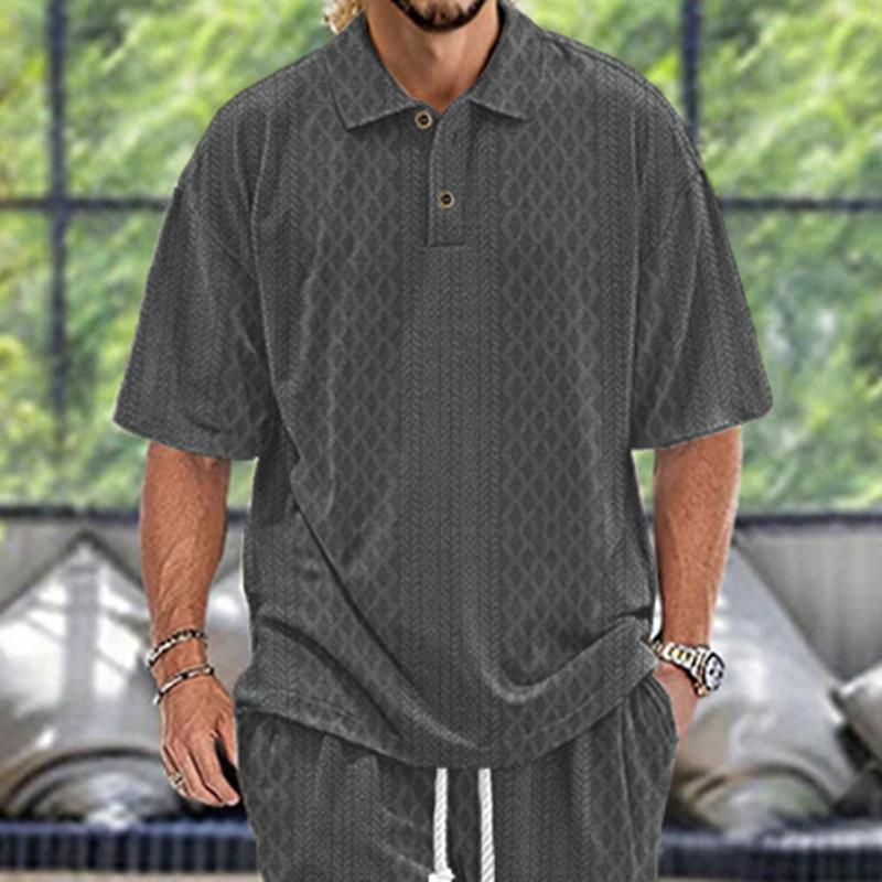 Men's Retro Jacquard Lapel Loose Short Sleeve Polo Shirt 01614318M