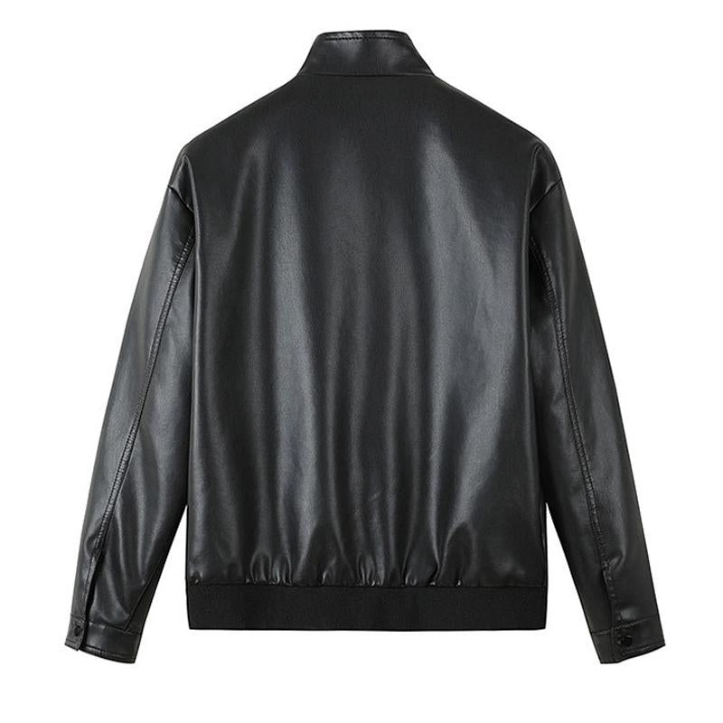 Men's Vintage Stand Collar Quilted Cotton Double Breast Pockets Warm Leather Jacket 61743602Y