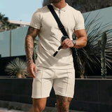 Men's Casual Waffle Solid Color Lapel Short Sleeve T-Shirt Shorts Set 42483174Y