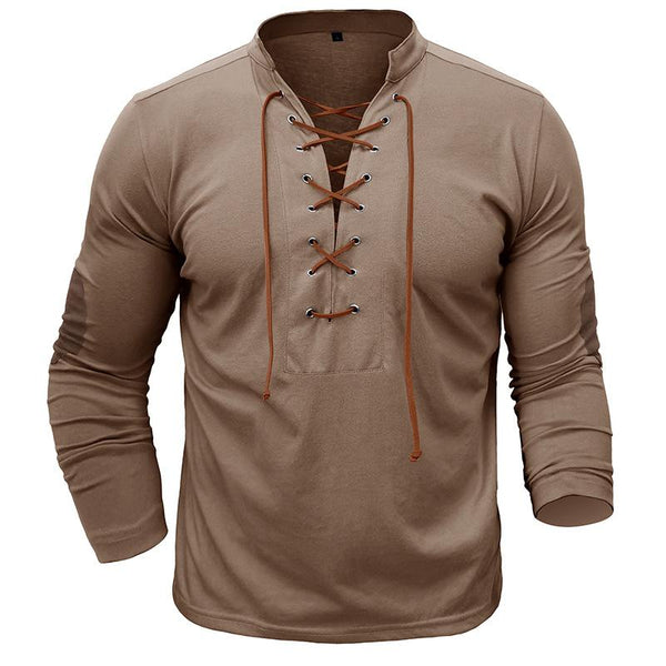 Men's Vintage Tie Stand Collar Solid Color Long Sleeve T-Shirt 89511227M