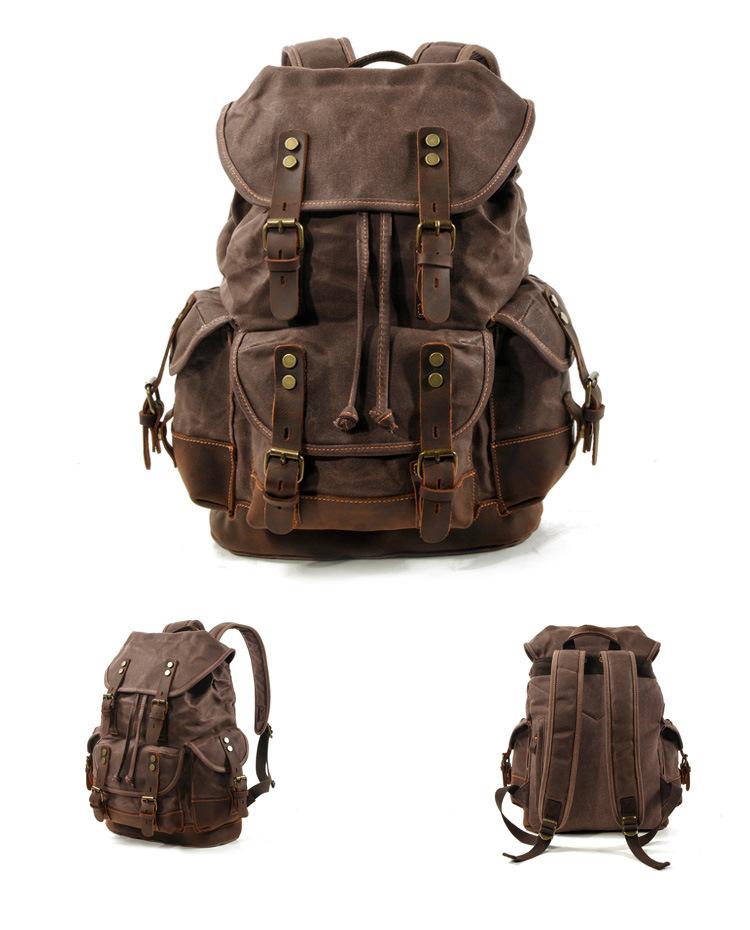 Men's Vintage Outdoor Canvas Stitching Leather Multi-Pocket Backpack 19083234Y