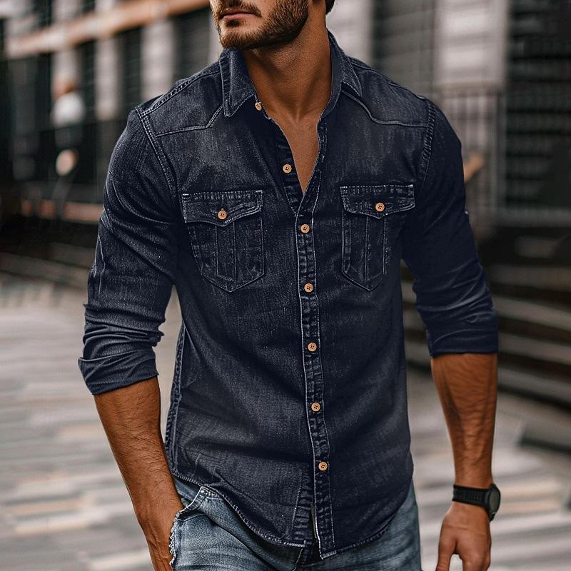 Herren Vintage Washed Distressed Denim Revers Hemd 89638435X