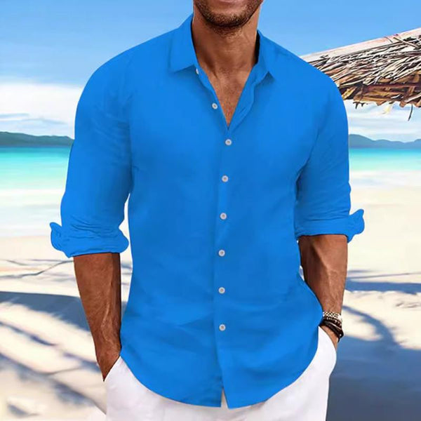 Men's Casual Cotton Linen Blend Lapel Long-Sleeved Shirt 45739465M