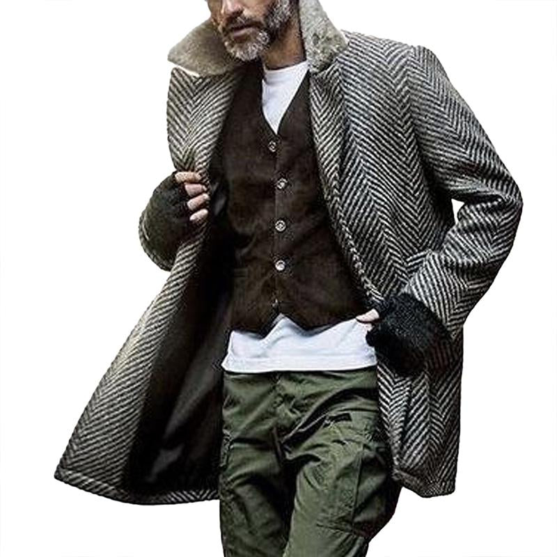 【Spedizione in 24 ore】Cappotto da uomo vintage in tessuto a spina di pesce con collo in pelliccia 32573111Y