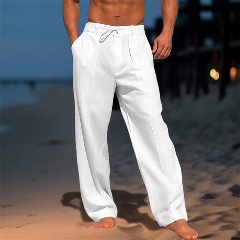 Pantalones de playa básicos de lino de color liso para hombre 61164046X