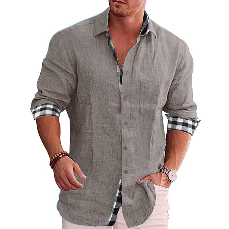 Men's Casual Plaid Printed Stitching Lapel Long Sleeve Shirt 73016568Y