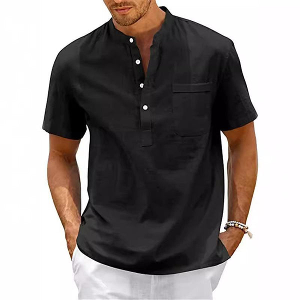 Men's Casual Cotton Linen Stand Collar Patch Pocket Short Sleeve Shirt 03956727M