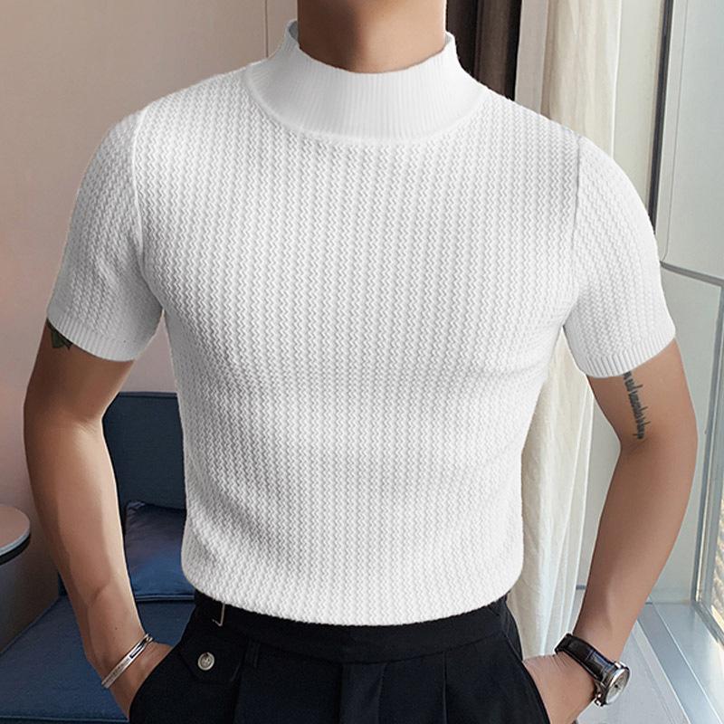 Men's Half Turtleneck Solid Color Tight Knitted Short-Sleeved T-Shirt 47280589Y