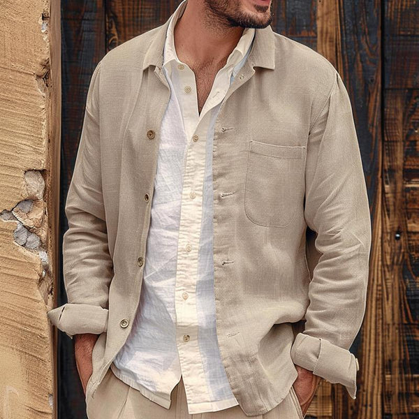 Men's Casual Cotton Linen Lapel Slim Fit Patch Pocket Shirt Jacket 51522320M