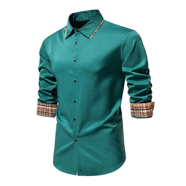 Men's Casual Plaid Color Block Slim Fit Lapel Long Sleeve Shirt 29516263M