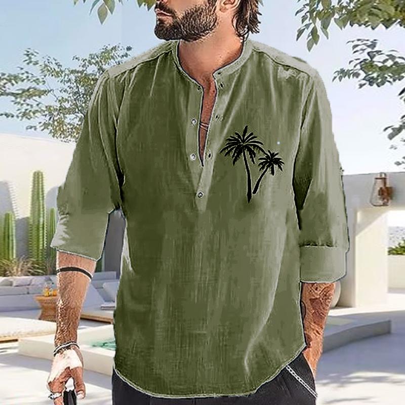 Men's Casual Coconut Print Stand Collar Cotton Linen Long Sleeve Shirt 56820050Y