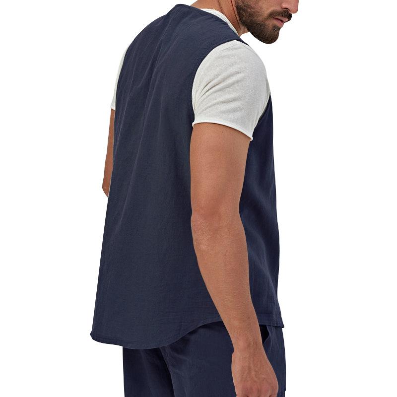 Men's Single Breasted Casual Solid Color Linen V-Neck Vest 69545873X