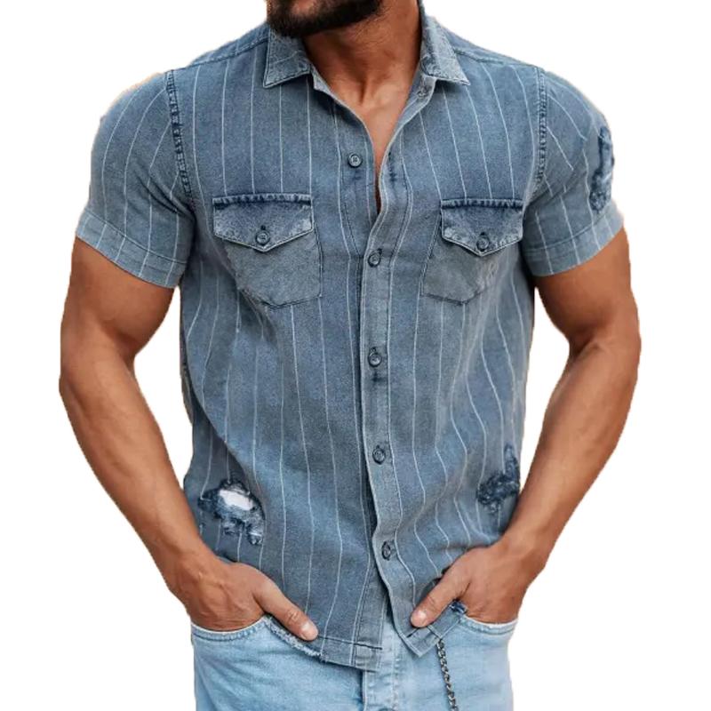 Vintage Stripe Ripped Short Sleeve Denim Shirt 13201211Y