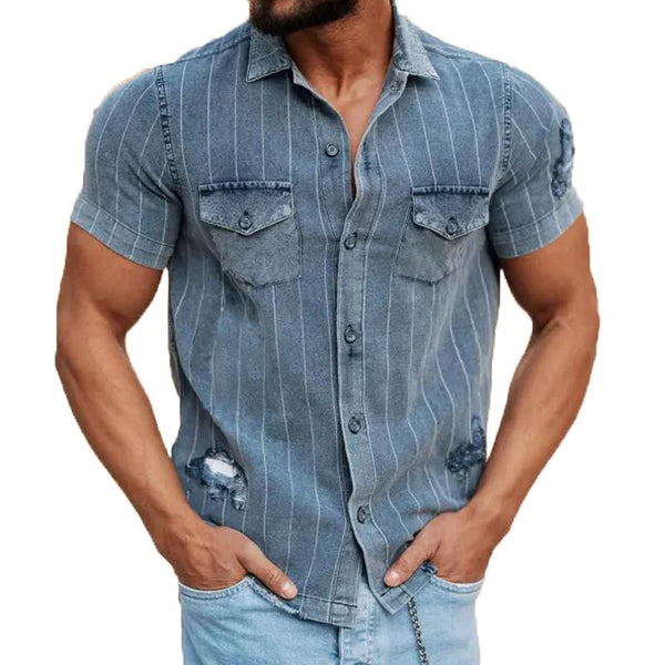 Men's Vintage Stripe Ripped Short Sleeve Denim Shirt 13201211Y