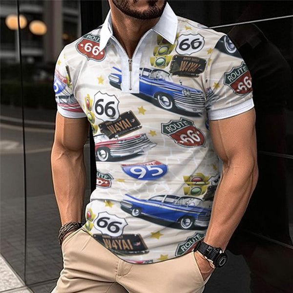 Men's Car Print Short Sleeve Polo Shirt 58839605X