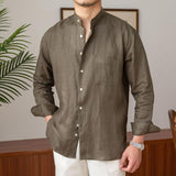 Men's Casual Solid Color Linen Stand Collar Long Sleeve Shirt 05228420Y