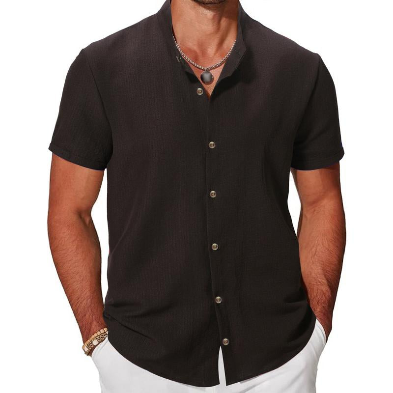 Men's Casual Cotton Linen Stand Collar Single Breasted Short Sleeve Shirt 19700465M