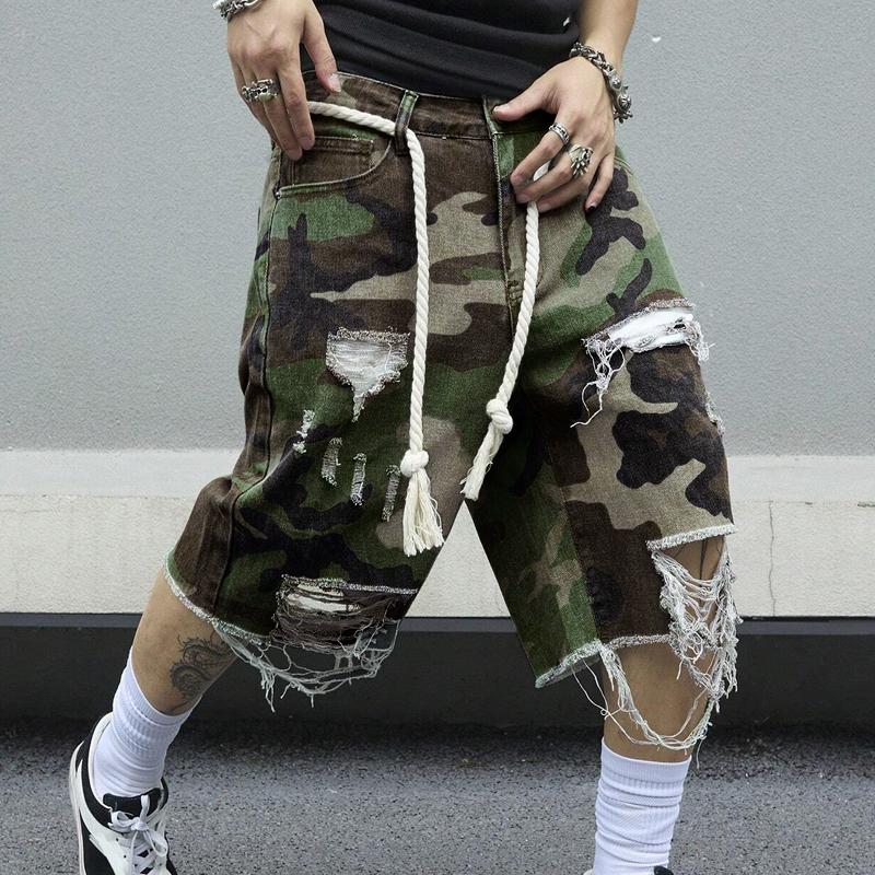 【24-hour shipping】Men's Camouflage Washed Ripped Cropped Trousers 18579912Y