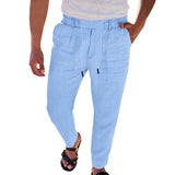 Men's Solid Color Cotton and Linen Drawstring Straight Pants 13578529X