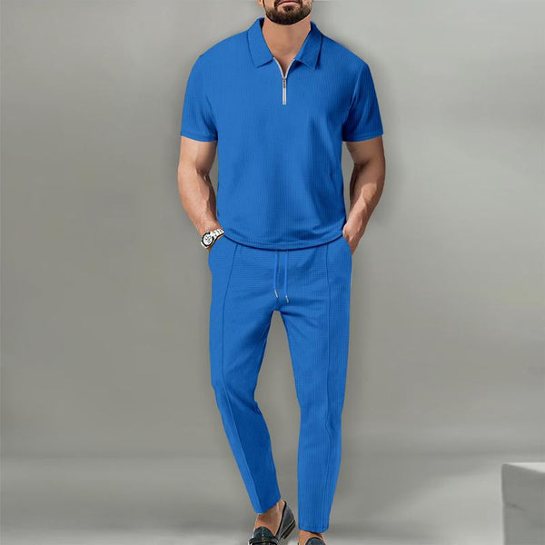 Men's Casual Solid Color Waffle Lapel Short Sleeve Pants Set 24927438Y