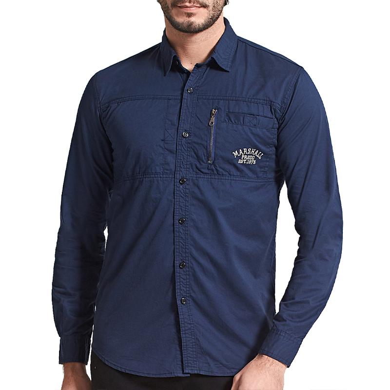 Men's Vintage Lapel Zip Chest Pocket Long Sleeve Shirt 03859168Y