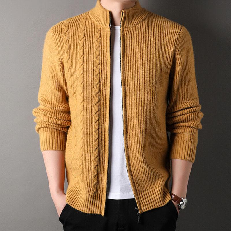 Men's Casual Stand Collar Cable Zipper Long Sleeve Knitted Cardigan 12911469M