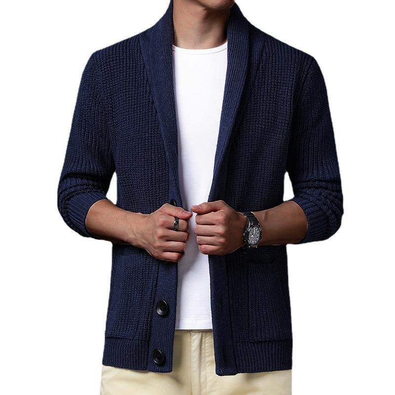 Men's Casual Simple Solid Color Pocket Shawl Collar Cardigan 94985862Y