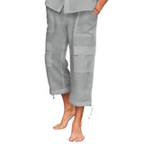Men's Solid Color Cotton And Linen Drawstring Loose Multi-Pocket Ninth Pants 92978052Y