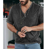 Men's Vintage Solid Color Henley V-Neck Short Sleeve T-Shirt 88076311Y