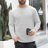 Men's Casual Solid Color Waffle Button Round Neck Long Sleeve Sweatshirt 07096346Y