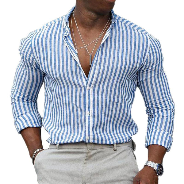 Men's Casual Striped Printed Lapel Long Sleeve Shirt 96313372Y
