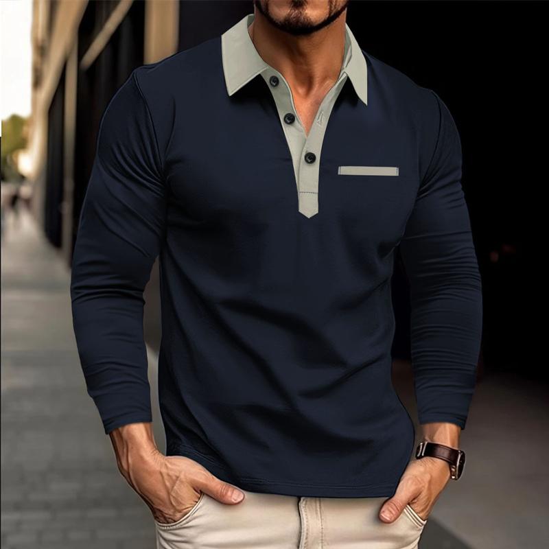 Men's Long Sleeve Lapel Color Block POLO Shirt 90958638X