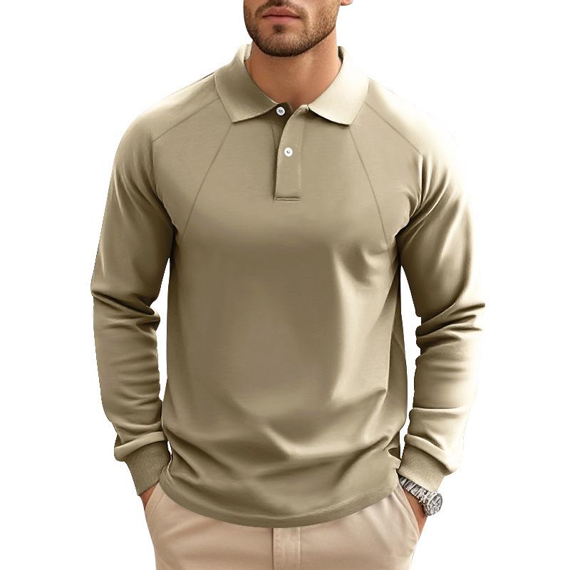 Men's Casual Solid Color Lapel Raglan Long Sleeve Polo Shirt 47889552M