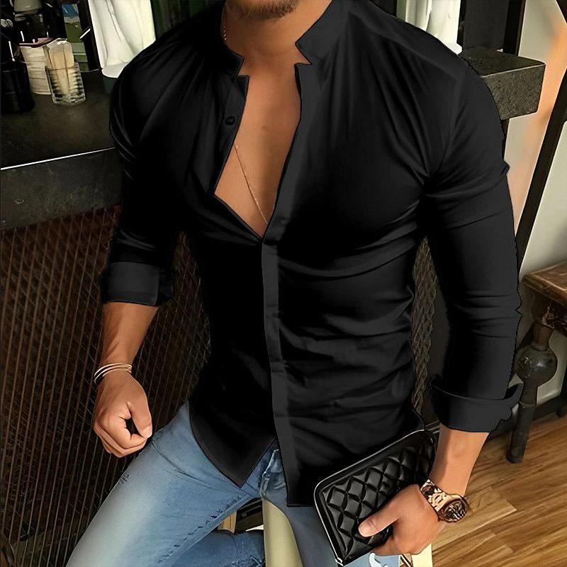 Men's Casual Fashion Solid Color Stand Collar Long Sleeve Shirt 79136189X