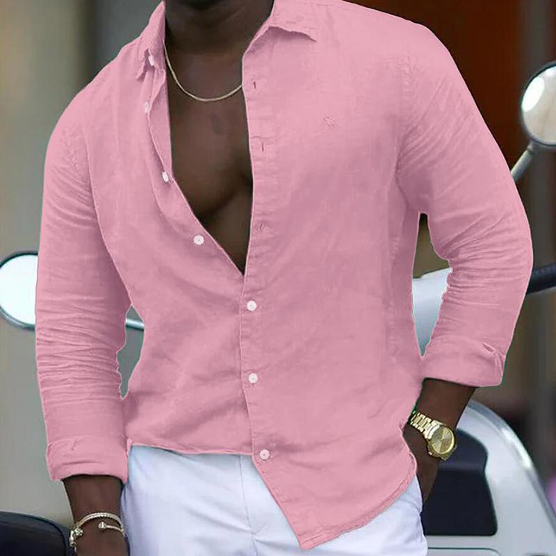 Men's Casual Cotton Linen Solid Color Lapel Long Sleeve Shirt 37815754M