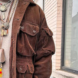 Men's Solid Color Lapel Multi-Pocket Corduroy Jacket 92041059X