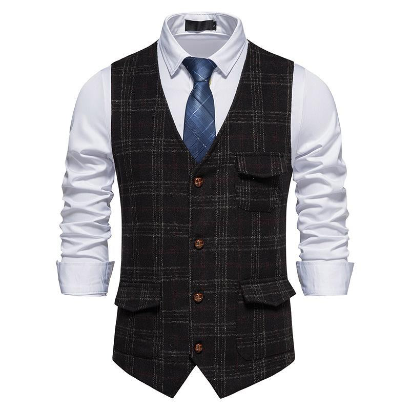 Men's Vintage Check Breast Pocket Collarless Vest 51861612Y