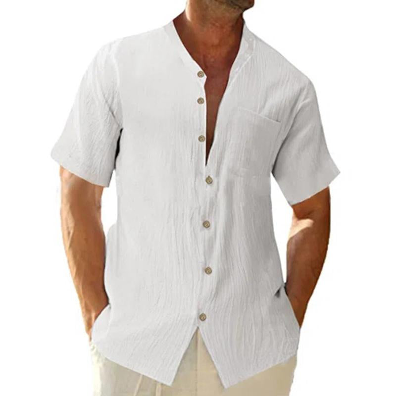 Men's Casual Stand Collar Loose Linen Solid Color Short Sleeve Shirt 84541565M