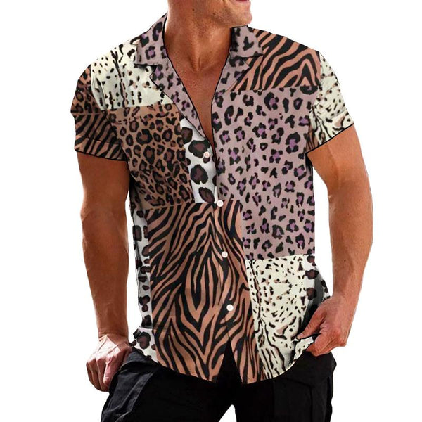Men's Color Block Leopard and Zebra Print Short Sleeve Shirt 58228483TO