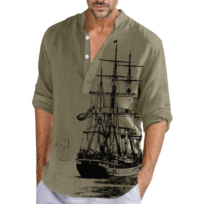 Men's Vintage Sail Print Henley Collar Long Sleeve Shirt 87187349Y