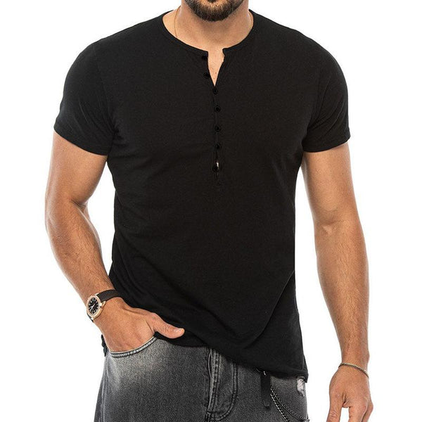 Men's Henley Collar Solid Short Sleeve Casual T-shirt 04003073Z